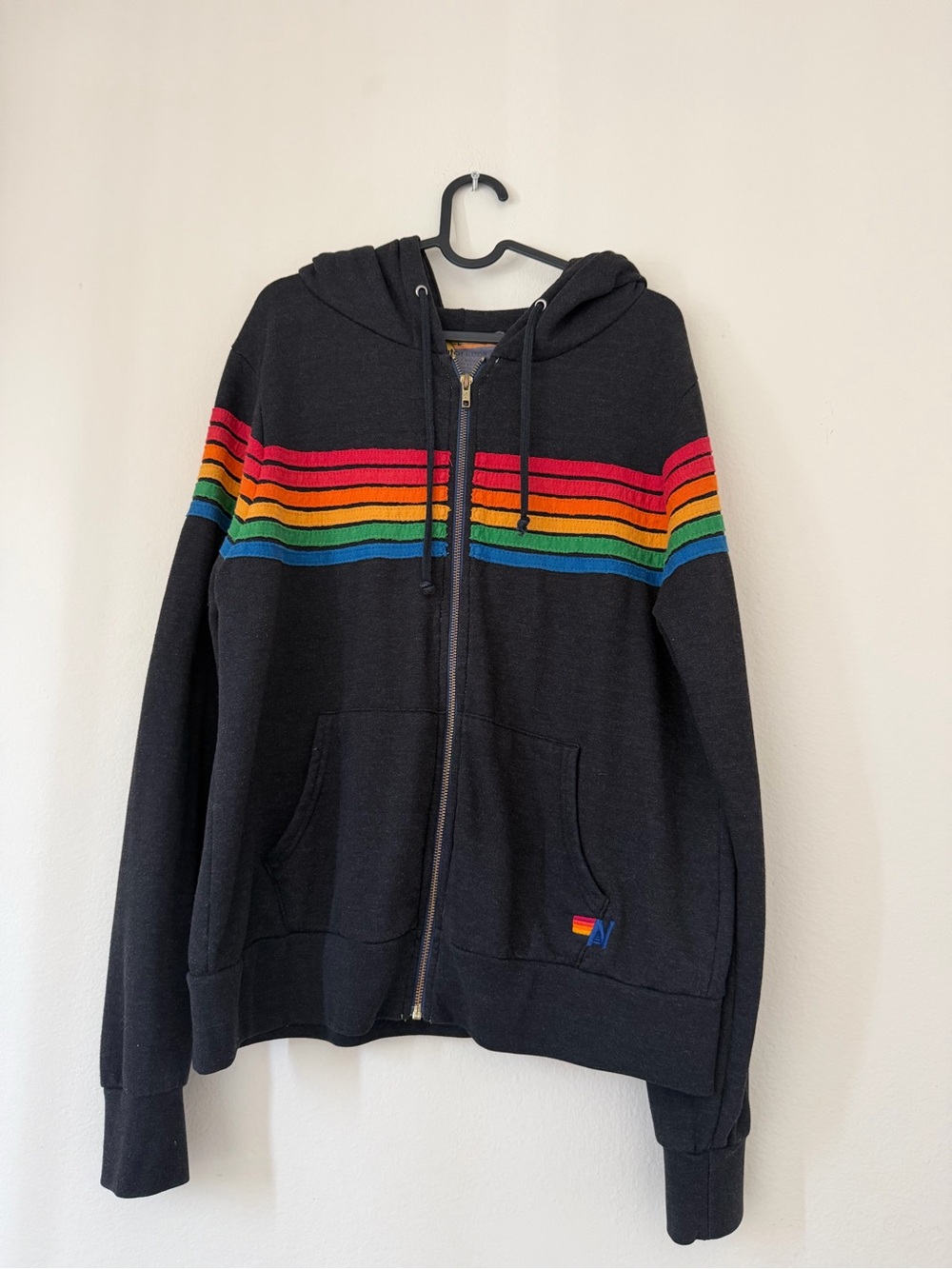 Aviator Nation 5 Stripe Rainbow Zip Hoodie Black Size L